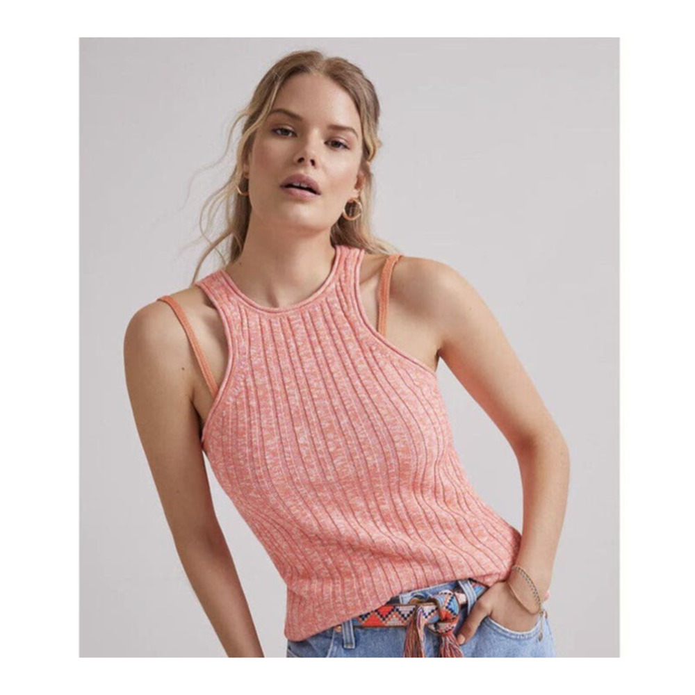 Anthropologie Pink Knit High-Neck Pullover Stretch Tank Top Size Small